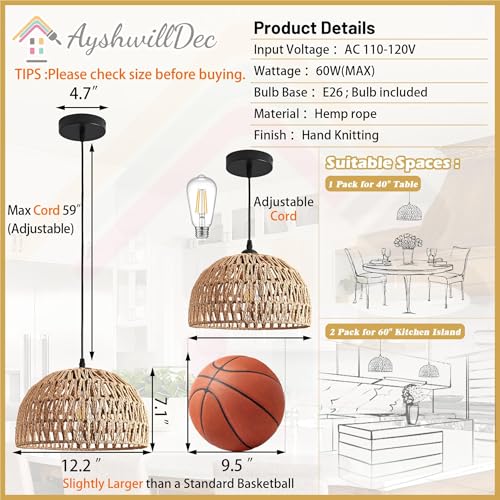 Hemp Rope Woven Pendant Light Woven Light Fixture Boho Chandelier Light Fixture Wicker Pendant Lights Rattan Lights Pendant Dome Wicker Chandelier for Dining Room Kitchen Island(Bulb Incl. - color: 12.2" Natural