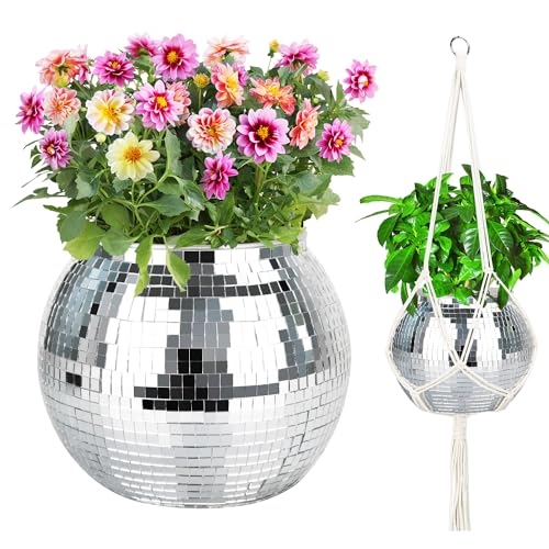 Disco Ball Planter, 1pcs 9” Silver Disco Ball Planter, Disco Ball Plant Hanger with Hanging Rope, Hanging Chain, Hook, Circle and Extra Mirror Pieces - color: 1×9" Silver