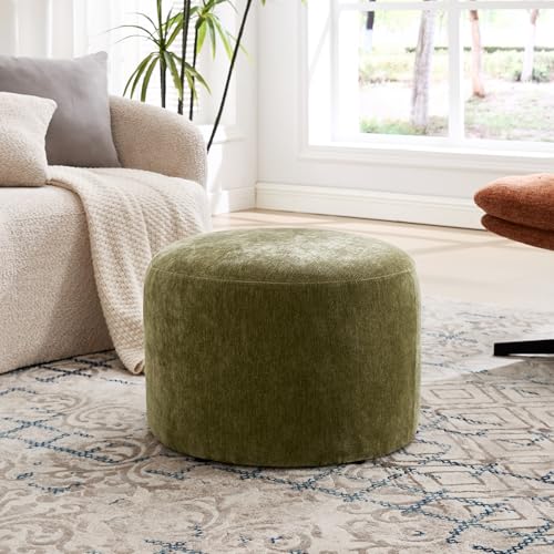 Upholstered Round Ottoman Set of 2, Green Pouf Ottoman, Modern Footstool with Soft Padded Seat & Solid Wood Frame, Multifunctional Vanity Stool Accent Seat for Living Room and Bedroom, Chenille - color: Green Chenille, size: Set of 2