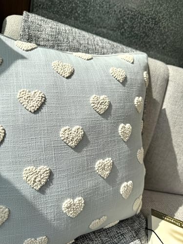 VAGMINE Hand Embroidered Heart Tufted 18x18 Throw Pillow Cover - Blue Grey Cotton Square Cushion for Sofa Couch Bed Nursery - Boho Valentine Decor - French Knots - color: Robins Egg-french Knots, size: 18" x 18" (Pack of 1)