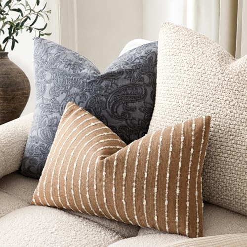 Foindtower Pack of 2 Decorative Jacquard Boucle Lumbar Throw Pillow Covers Accent Textured Striped Pillowcases Cozy Boho Cushion for Couch Sofa Bedroom Living Room Home Decor 12x20 Inch Rust Tobacco - color: Tobacco, size: 20" x 12" (Pack of 2)
