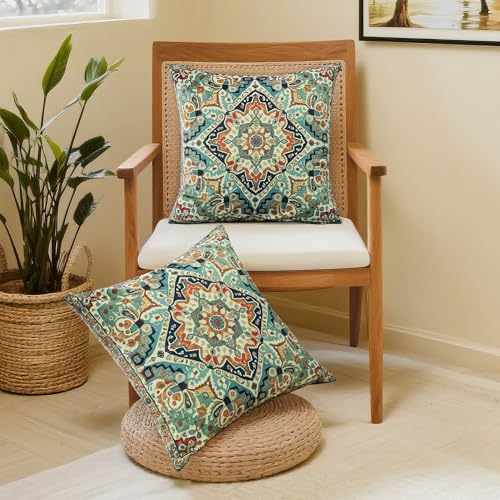 Boho Soft Velvet Throw Pillow Covers 18x18 in Vintage Moroccan Rug Tribal Pattern Pillowcases, Antique Ethnic Decor, Geometric Pattern Cushion Cover for Sofa, Living Room, Blue, 2 Pack - color: Blue, size: 18" x 18" (Pack of 2)