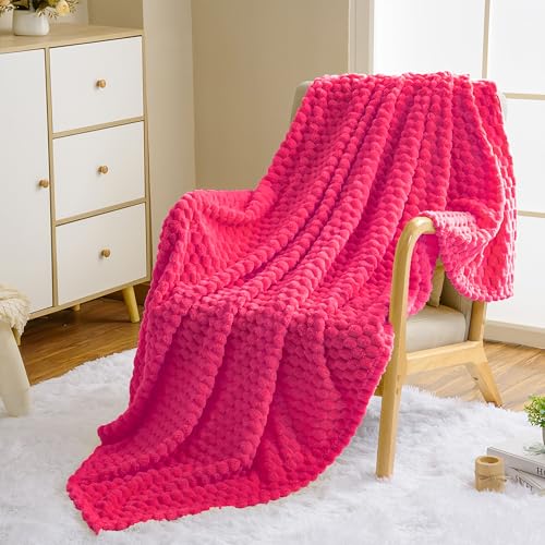 Vessia Flannel Fleece Throw Blanket(50x70 inch), 3D Jacquard Hot Pink Fuzzy and Warm Blanket for Couch,Sofa,Bed,Chair, 300GSM Super Soft Touch Cozy Lightweight Throw for All-Season Home Decor - color: Hot Pink-3d, size: 50x70 inch