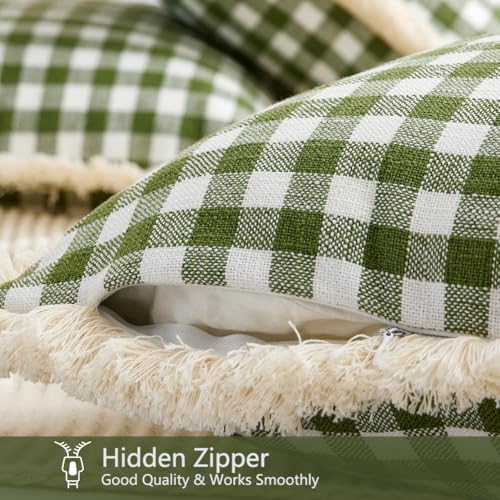 CARRIE HOME Spring Sage Green 12x20 Outdoor Gingham Lumbar Pillow Covers Set of 2 with Ruffle Fringe, 12 x 20 Green and White Checkered Plaid Pillow Covers, Spring Outdoor Green Lumbar Pillow Covers - color: Lumbar Sage Green & White (With Tassels), size: