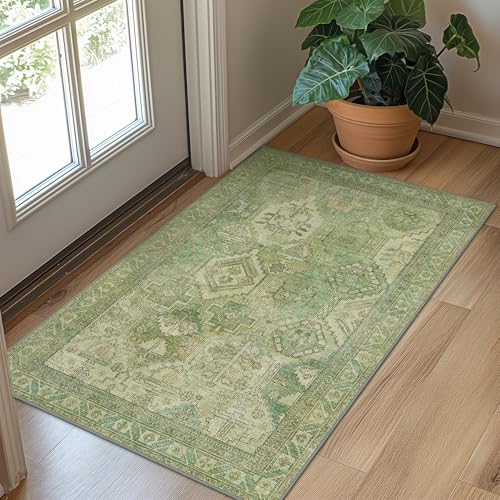 Bavni 2x3 Entryway Rug Bathroom Rugs for Front Door Bedroom Bathroom Kitchen, Washable Vintage Print Carpet, Ultra-Thin Chenille Lightweight Rug with Non Slip Backing, Light Green - color: Light Green, size: 2' x 3' (Rectangular)