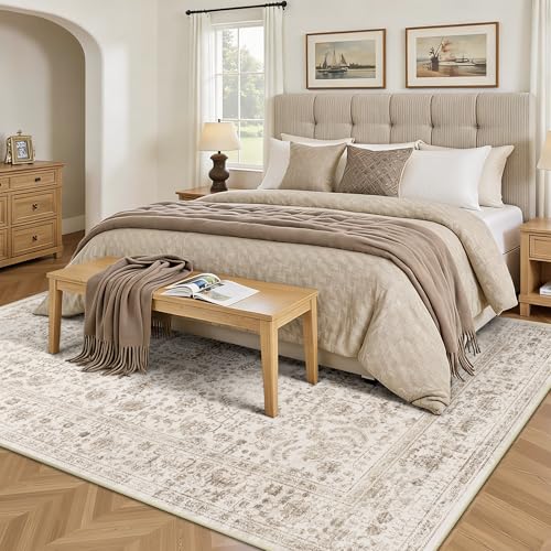 5x7 Area Rugs, Washable Vintage Retro Floral Rug for Living Room, Low Pile Non Slip Distressed Large Carpet for Bedroom, Dining Room, Office, Home (Light Brown) - color: E-light Brown, size: 5' x 7' (Rectangular)