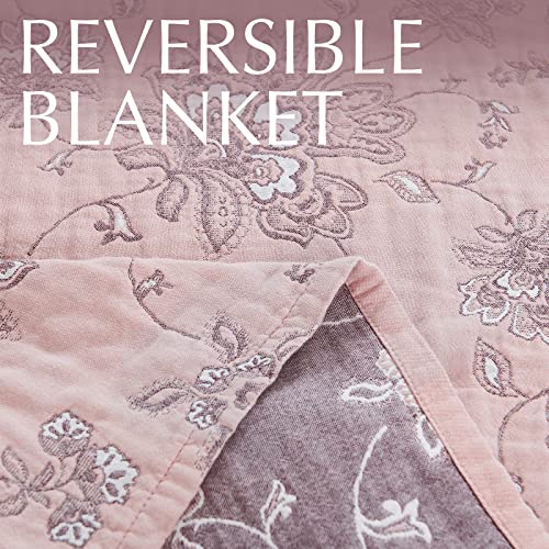 jinchan Boho 100% Cotton Muslin Twin Size 60x80 Inches Blanket Lightweight 4-Layer Quilted Soft Pink Red Floral Throw Blanket Reversible Comfy Flower Breathable All Seasons Couch Bedroom Decor - color: Floral Pink Red, size: 60"x80"
