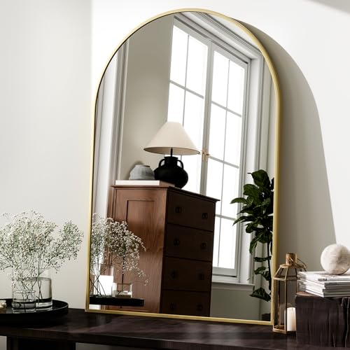 HARRITPURE 20"x30" Arched Bathroom Mirror - Wall Mounted Mirror - Gold Arch Mirror - Aluminum Alloy Frame Bathroom Mirror Living Room, Bedroom and Entryway - color: Gold-1pcs, size: 30"L x 20"W