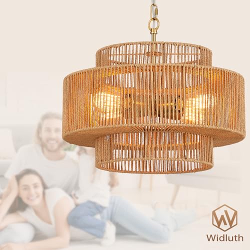 Widluth17.7 Rattan Pendant Light, Hand-Woven Boho Farmhouse Hanging Light Fixture, Drum Wicker Rattan Chandelier for Kitchen Island, Bedroom, Dining Room, Entryway - color: Gold 17.7"
