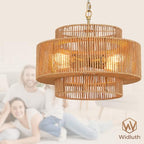 Widluth17.7 Rattan Pendant Light, Hand-Woven Boho Farmhouse Hanging Light Fixture, Drum Wicker Rattan Chandelier for Kitchen Island, Bedroom, Dining Room, Entryway - color: Gold 17.7"