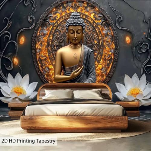 FENDROM Sitting Golden Buddha Tapestry Wall Hanging Buddhist Statue Tapestries White Lotus Meditation Wall Decor Zen Art Psychedelic Indian Wall Blanket for Bedroom Living Room Home Decor - color: Grey, size: 79"L x 59"W