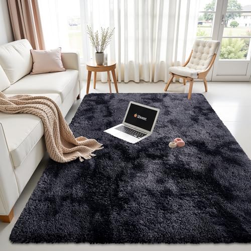 OLANLY Area Rugs for Living Room Bedroom, Machine Washable 3x5 Feet Soft Fluffy Shaggy Bedside Rug, Indoor Floor Carpet for Kids Girls and Boys, Nursery Room, Home Decor Aesthetic, Deep Grey Tie-dye - color: Deep Grey Tie-dye, size: 3x5 Feet