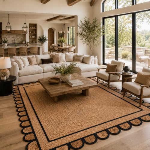 Braided Scalloped Jute Rug Natural with Black Trim, Handmade Farmhouse Boho Area Rug for Entryway, Kitchen, Hallway, Living Room, Bedroom, Rustic Woven Floor Rug - (Black- 8X10 ft) - size: 8' x 10' (Rectangular)