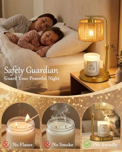 Candle Warmer Lamp, Timer Dimmable Candle Lamp, Adjustable Height and Brightness Gold Candle Warmer, Boho Rattan Lampshade and 2 Bulbs, Suitable for Home Decor, Birthday Gifts for Women Mom - color: Rattan-Gold