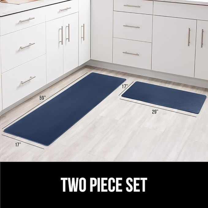 GORILLA GRIP 2 Pack Comfortable Cushioned Kitchen Mats for Floor, 17x29 + 17x59, Waterproof and Stain Resistant, 1/2 Inch Thick Soft Ergonomic Standing Desk Anti Fatigue Mat, Foam Supports Feet, Navy