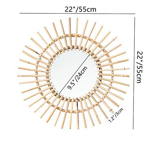 OYPEIP 22" Large Natural Rattan Sunburst Bohemian Hanging Glass Decor,Rustic Handwoven Innovative Art Decoration Round Makeup Mirror for Dressing Living Room Bedroom Bathroom Corridor,Entryway
