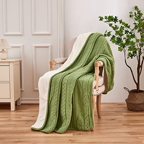 Longhui bedding Sage Green Acrylic Cable Knit Sherpa Throw Blanket - Thick, Soft, Big, Cozy Sage Green Knitted Fleece Blankets for Couch, Sofa, Bed - 50 x 63 Inches - color: Sage Green, size: 50" x 63", Standard