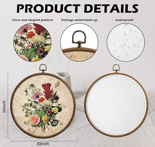 QKX Vintage Floral Wall Decor, Printed Canvas Wall Hanging for Bedroom Kitchen Home Office, Round Decoration, Wall Art Bedroom, Living Room Wall Art, Dorm Decor, Circular Wall Hanging with Hooks,20 - color: Vintage19