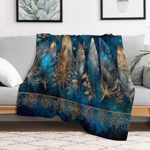 Blanket Bohemian Feather Leaf Blue Throw Blanket for Women Men, 50"x60" Galaxy Star Ornament Plush Flannel Throws, Decor for Bed Couch Bedroom - color: Bohemian Feather Leaf Blue, size: 50"x60"