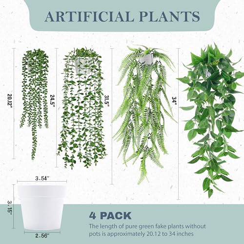 Der Rose 4Pcs Fake Plants Hanging Artificial Ivy Vine Faux Eucalyptus Hanging Plants, Boston Fern, String of Pearls for Living Room Bedroom Boho Wall Shelf Indoor Outdoor Decor (White Pots) - color: White Pots-4pcs