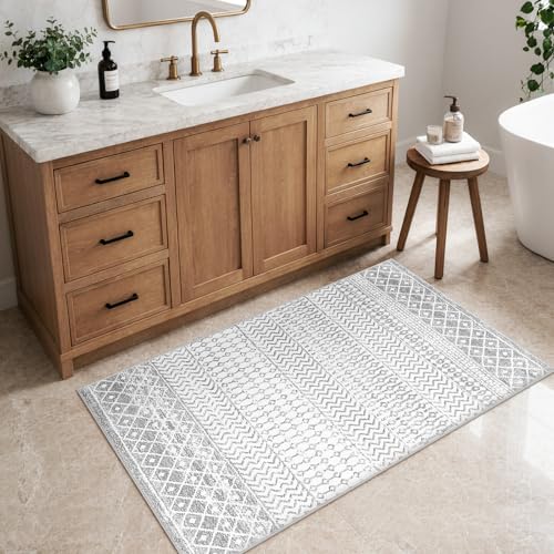 Moroccan Washable Area Rug, 2x4 Non-Slip Front Door Mat Indoor Entrance, Low-Pile Ivory Gray Distressed Rug Throw Rugs for Bedroom Kitchen Bathroom Laundry Room - color: Ivory / Gray, size: 2' x 4' (Rectangular)