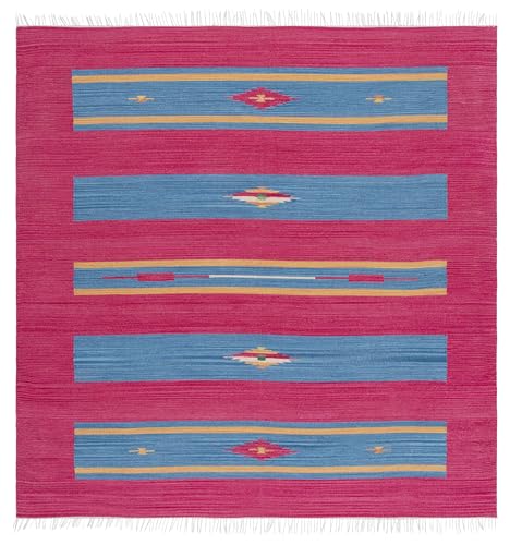 SAFAVIEH Montauk Collection Area Rug - 6' Square, Red & Blue, Handmade Boho Cotton, Ideal for High Traffic Areas in Living Room, Bedroom (MTK551Q) - size: 6' x 6' (Square)