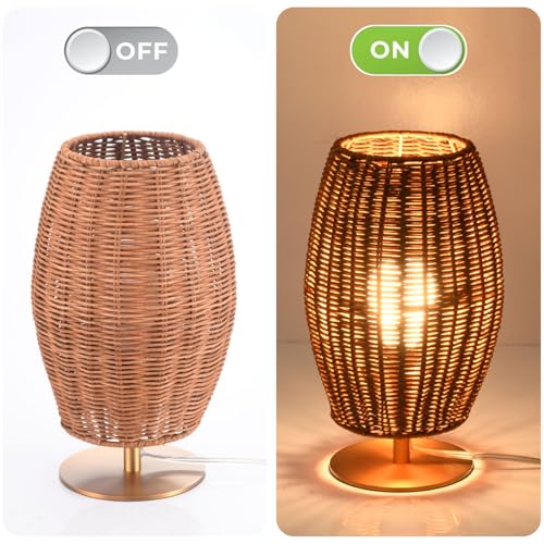 Boho Style Rattan Table Lamp,Dimmable Bamboo Desk Lamp,Timer Build in,Oven Brown Rattan - color: Timer