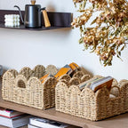Scalloped Basket 2 Pack Wicker & Rattan Storage with Built-in Handles, Decorative Woven Seagrass Basket for Nursery & Bathroom Organization