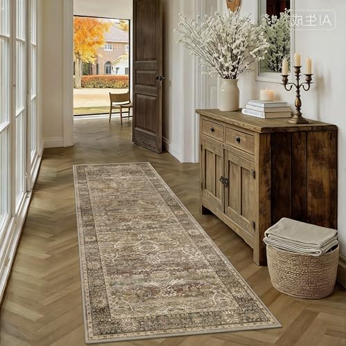 Brown Vintage Washable Runner Rugs for Hallway Kitchen Boho Hallway Rug Low Pile Non-Slip Retro Distressed Accent Throw Carpet for Entryway Bathroom Bedroom Beige - color: Brown, size: 2'*6'(Runner)