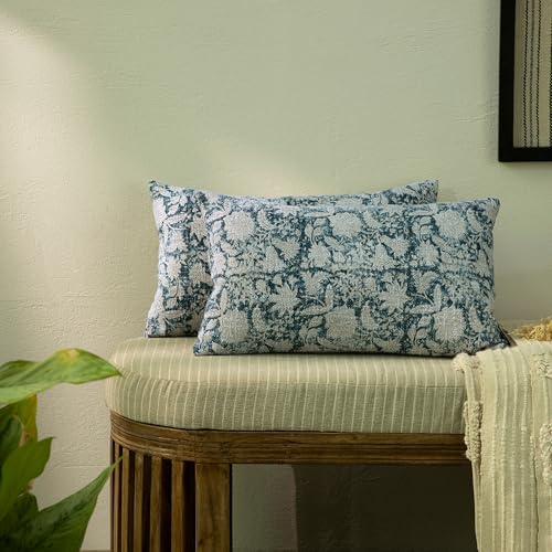 Handblock Printed Vintage Indian Cotton Decorative Throw Pillow Covers, Set of 2 (Denim Blue, 12" x 20" (Pack of 2)) - color: Denim Blue, size: 20" x 12" (Pack of 2)