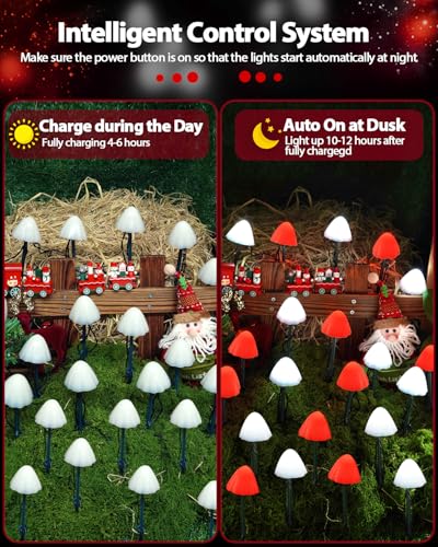 OZS 2PK 32LED 55FT Red and White Christmas Decorations Mushroom Solar Lights, Christmas Lights Outdoor with 8 Lighting Modes, Solar String Lights Waterproof for Outside Yard Party - color: Mushroom-Red & White (Christmas)