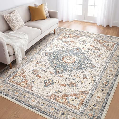 5x7 Area Rugs Living Room: Washable Boho Large Neutral Vintage Soft Rug Stain Resistant Distressed Farmhouse Non-Slip Indoor Floor Carpet for Bedroom Nursery Kids Office Dining Room- Beige Blue - color: Beige Blue, size: 5' x 7' (Rectangular)
