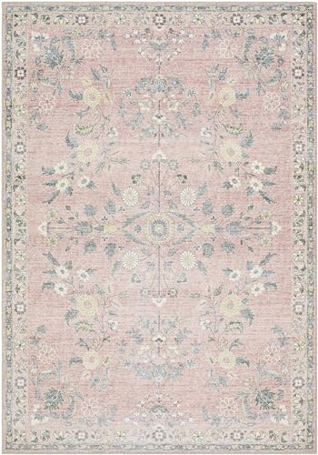 Hauteloom Constantine Machine Washable Area Rug - Floral Border Medallion Distressed Botanical - Traditional Oriental Transitional Oushak - Blush, Sage, Ivory, Pink, Gray - 2' x 2'11" - color: Blush, Sage, Ivory / Meyly, size: 1'11" x 2'11" (Rectangular)