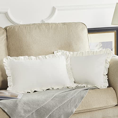 GIGIZAZA Velvet Cream 12x20 Lumbar Pillow Covers, Set of 2 Decorative Ruffle Ivory Cushoin Pillow Covers for Sofa Couch - color: Ivory, size: 20" x 12" (Pack of 2)