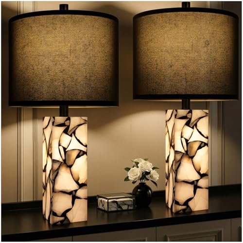 Scenekoy 23" Alabaster Table Lamps Set of 2 with Night Light for Living Room, Rotary Switch, Black Modern Table Lamp with Black Linen Shade, Nightstand Lamp for Bedroom Bedside Office (Bulb Included) - color: Black
