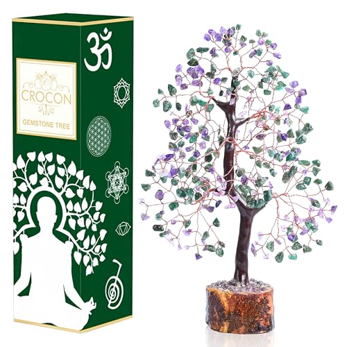 Crocon® Amethyst & Green Aventurine Crystals Tree Home Decor, Birthday Gifts for Women, Sister Gemstone Gift for Her Money Tree Crystals and Healing Stones House Warming Gift, Spiritual Decor Present - color: Amethyst + Green (Copper Wire)