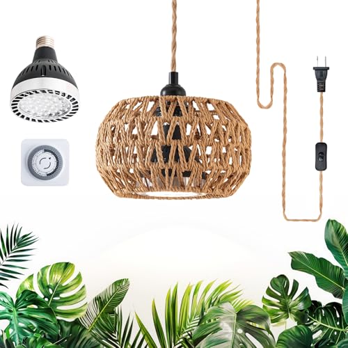 Hanging Grow Light, 30W LED Lamp with Timer for Indoor Plants | 4000K LED plant lamp with 15 ft cord, outlet timer, and boho paper rope shade for succulents, herbs, and low-light rooms. - color: Lantern