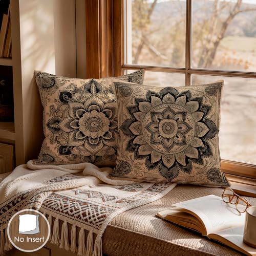 OBSEDE Vintage Black Mandala Decorative Throw Pillow Covers 18x18 Set of 4 Faux Linen Cushion Cases Single-Sided Print Retro Dark Boho Accent Pillows for Couch Sofa - color: Vintage Black Mandala