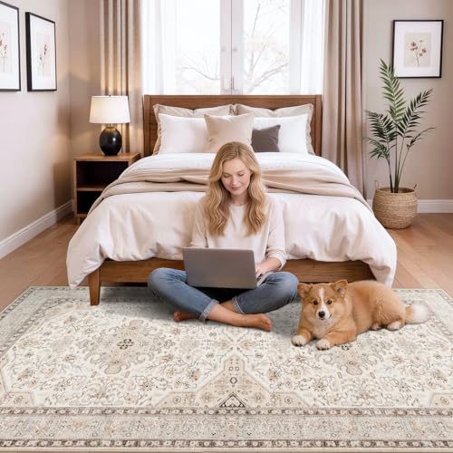 HILORUUG Washable Oriental 4x8 Rug: Indoor Non Slip Area Rugs for Kitchen Hallway Entry - Ultra Thin Low Pile Stain Resistant Front Door Mat - Home Decor for Vintage Style Lover - 4x8 Ivory - color: Ivory, size: 4' x 8' (Rectangular)