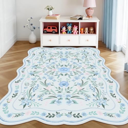 Blue Floral Area Rug 5x7, Washable Scalloped Boho Carpet for Girls Bedroom, Living Room, or Nursery, Cute Non-Slip Soft Cottagecore Rug for Kids Room or Playroom Home Décor - color: Blue Scalloped, size: 5' x 7' (Rectangular)