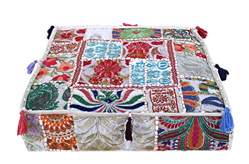 CRAFT KALA Indian Square Patchwork Traditional Pouf Cover Indian Living Room Poufs Decorative Embroidered Designer Ottoman Home Living Footstool Chair Cover Decor Pillow Cover 18x18x5 inches Off White - color: Off White, size: 18"D x 18"W x 5"H