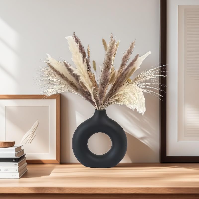 Modern Donut-Shaped Decorative Vases, Handmade Minimalist Boho ins Style, Modern Vase for Home Decor for Wedding Dinner Table Party Living Room Office Bedroom (Black, Small) - color: Black, size: Small