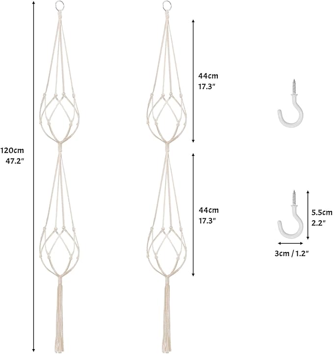 SNAIL GARDEN 2 Tier Macrame Plant Hanger, 2Pack Double Plant Hangers with Tassel Indoor Outdoor Hanging Planter Basket Handmade Cotton Rope Hanging Planters Set with 2Pcs Hooks for Boho Home Decor