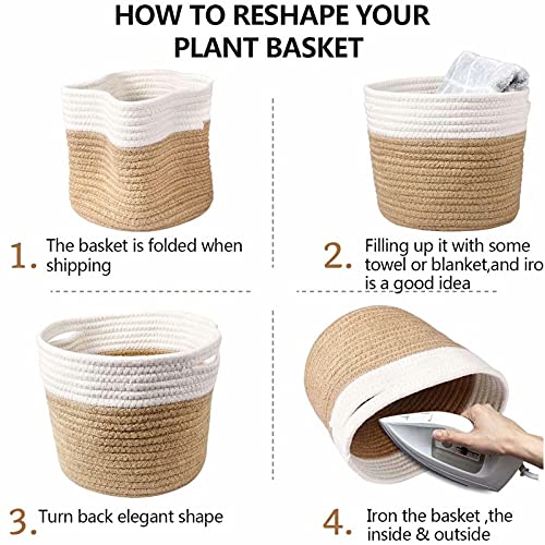 Cotton Rope Plant Basket Modern Hand Woven Planter for 8 Inch Flower Pot Floor Indoor Planters Foldable Storage Organizer Basket Rustic Home Decor White Stitching Khaki W 8.5" x H 7.5"