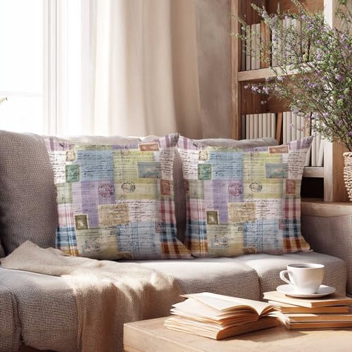 Vintage Postmark Throw Pillow Covers 18x18 Set of 2 | Retro Patchwork Cushion Cases for Couch Sofa Bed | Rustic Cottage Decorative Pillow Covers for Living Room Bedroom - color: Vintage Postmark