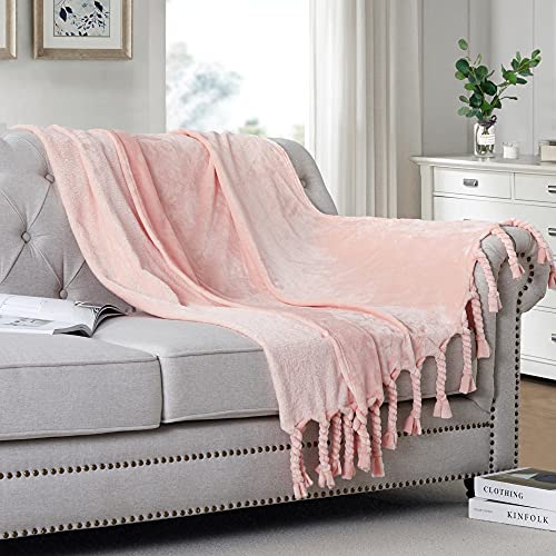 Homiest Fleece Throw Blanket with Fringe, Soft & Cozy Flannel Light Pink Blanket, Lightweight Decorative Blanket for Sofa Bed Chair All Season (Blush Pink, 50 x 60 Inch) - color: Blush Pink