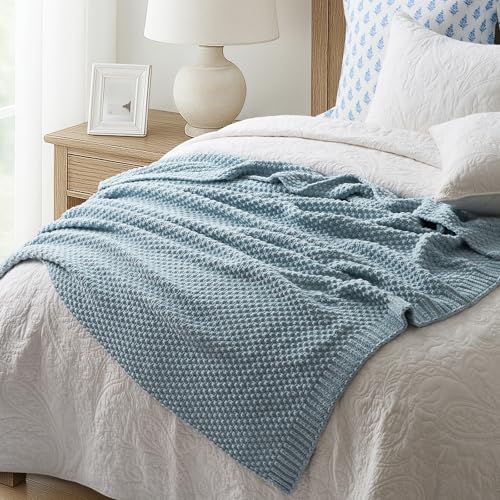 EVERGRACEHOME Chunky Chenille Knit Throw Blanket for Couch, Soft Luxurious Moss Stitch Blankets for Bed, Cozy Decorative Farmhouse Knitted Throws for Sofa, Chambray Blue, 50" x 60" - color: Chambray Blue, size: 50" X 60"