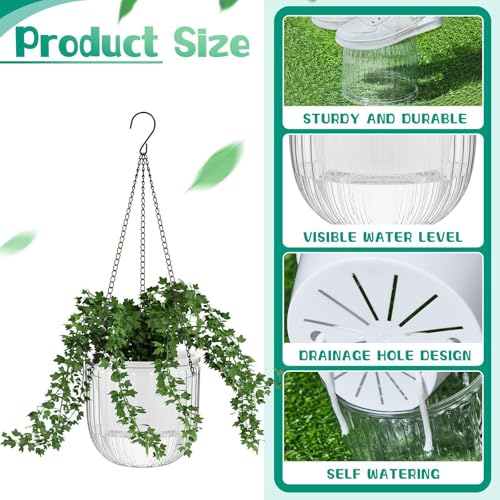 Meanplan 4 Pcs Self Watering Hanging Planter Indoor 6.5 Inch Hanging Baskets for Plants Outdoor Plastic Flower Pot with 3 Hooks Chains Drainage Holes for Garden Home, Medium Size(Clear) - color: Clear