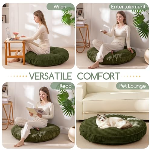 HIGOGOGO 35" Floor Pillow Cushion for Adults, Meditation Cushion Pillow, Extra Large Square Floor Sitting, Tufted Corduroy Cover for Tatami Living Room or Yoga, Dark Green - color: Dark Green, size: 4" Thick Round