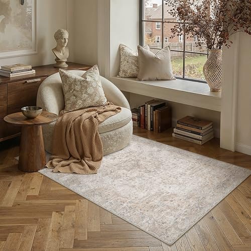 HUGEAR Area Rugs 3x5 Washable Rug for Living Room Bedroom Beige Vintage Rug Carpet Low Pile Non Slip No Shedding Soft Durable Indoor Dining Room Home Decor Floor Mat - color: Beige, size: 3' x 5' (Rectangular)